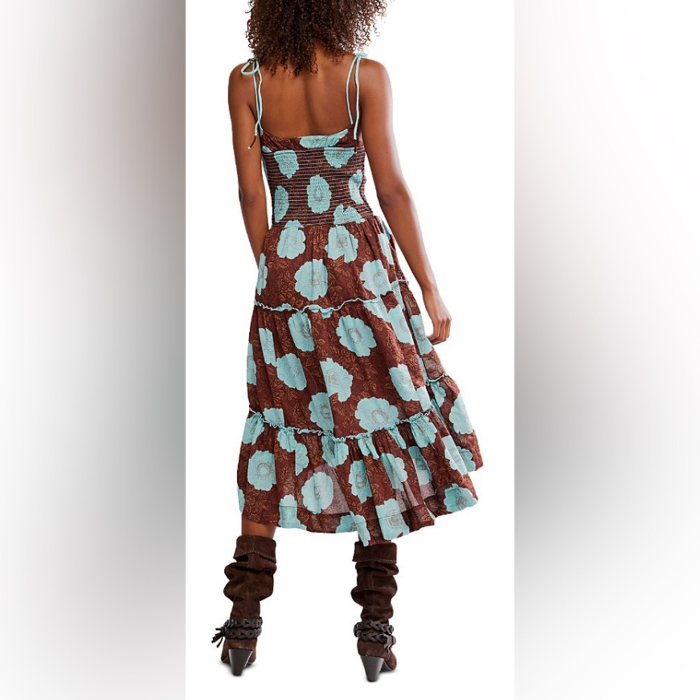 Free People Brown and Aqua Blue Floral Tiered Midi Dress Size M - Picture 3 of 8